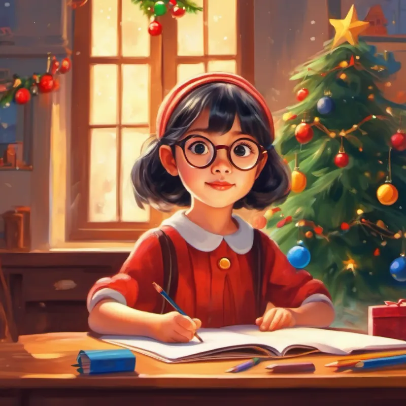 Classroom setting, Quiet girl, small eyes, glasses, hidden talent in drawing alone, kids play without her.