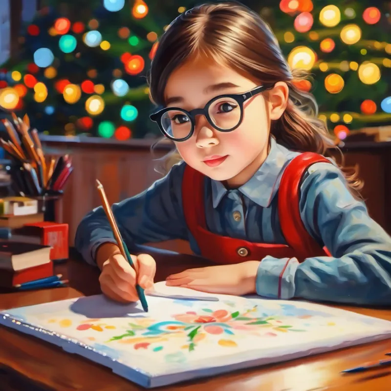 Quiet girl, small eyes, glasses, hidden talent in drawing feels invisible, classmates overlook her drawing talent.