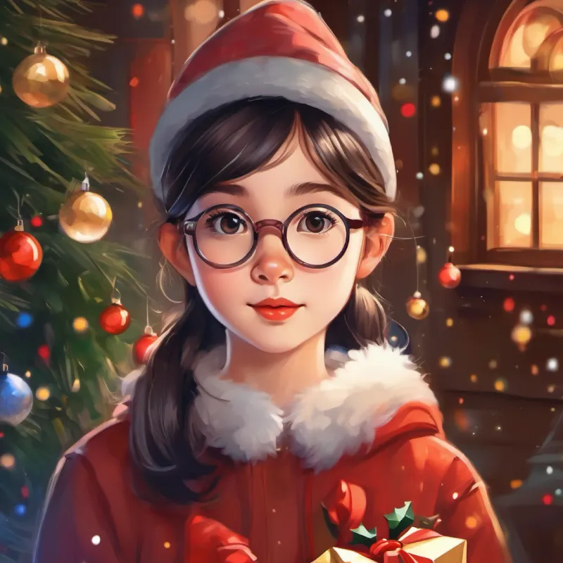 Quiet girl, small eyes, glasses, hidden talent in drawing gains confidence, understands her self-worth.