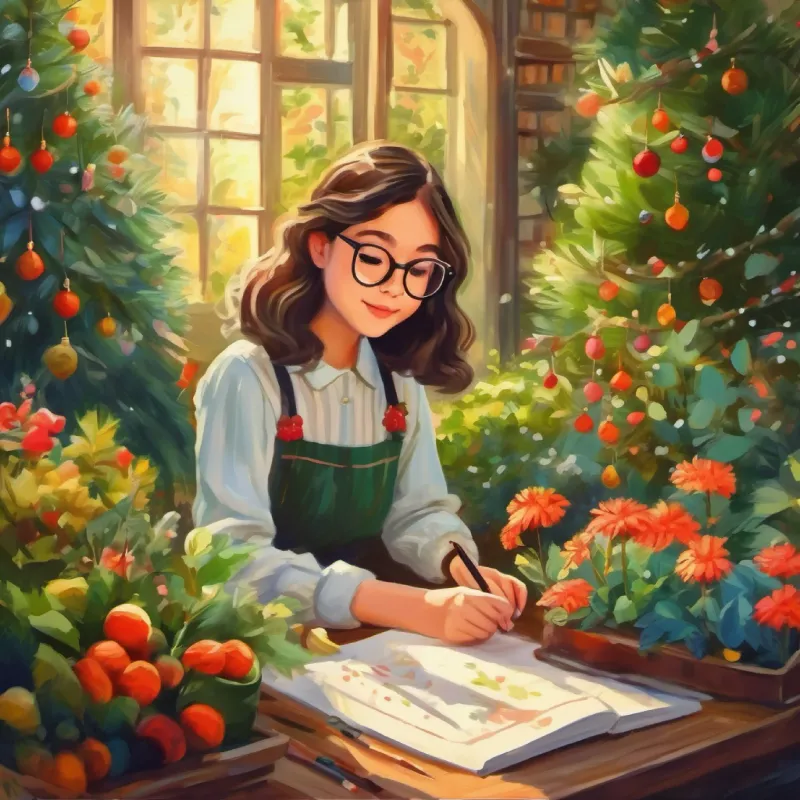 Quiet girl, small eyes, glasses, hidden talent in drawing draws her dream garden, expressing her creativity.