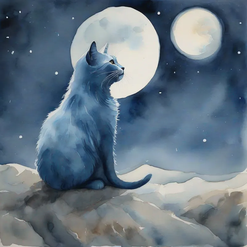 a large blue cat with its mouth wide open looking up at the moon