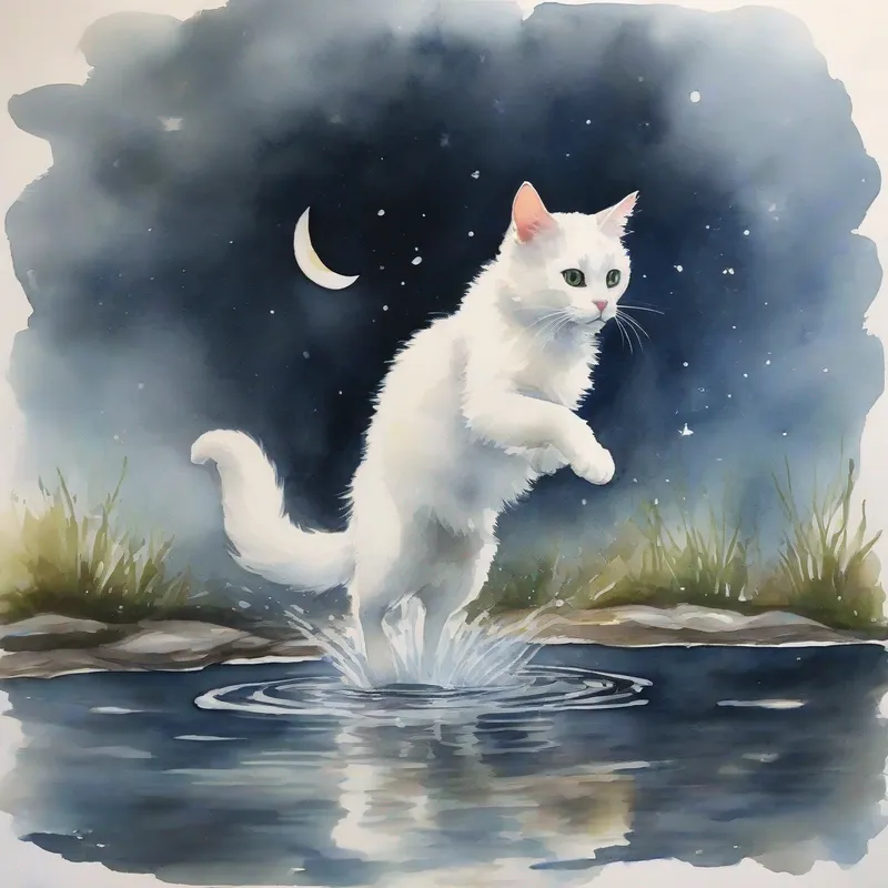 A white cat jumping over a puddle of water in a moonlit sky