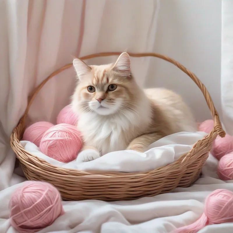 N A WHITE BACKGROUND a light brown fluffy cat lying in a white bed with pink yarn balls