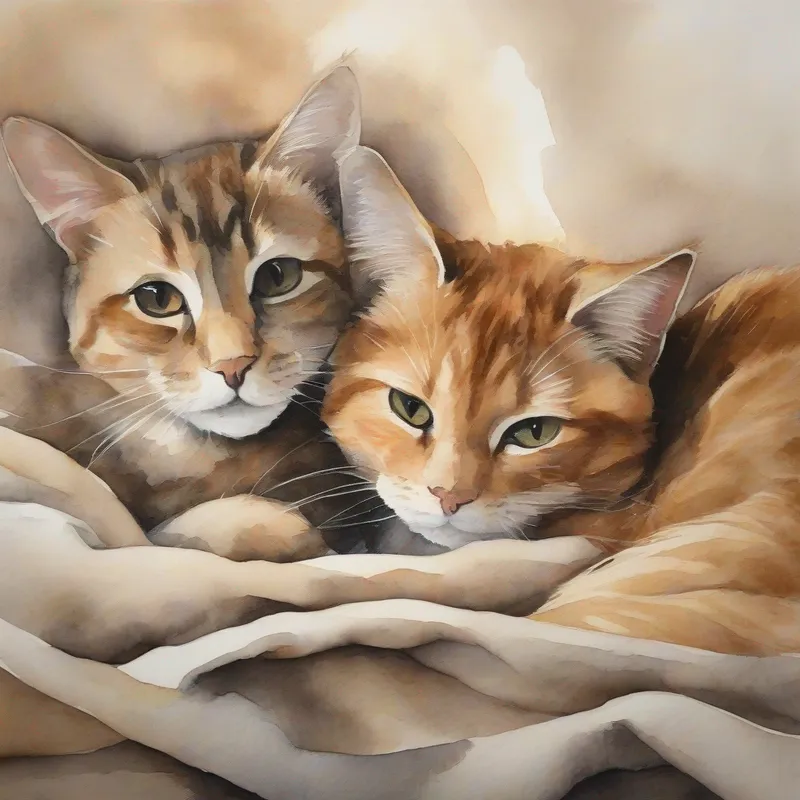 2 light brown cats cuddling each other in a bed