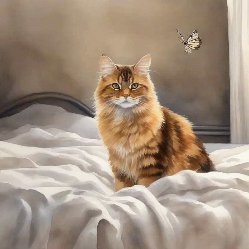 a butterfly on top of a light brown fluffy cat standing standing in a white bed