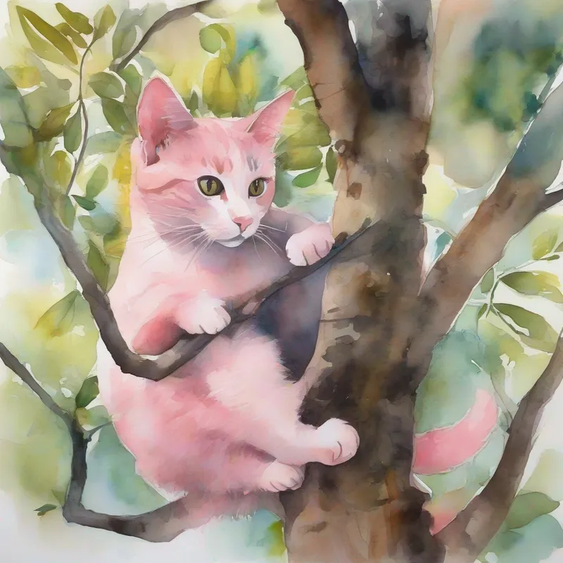 a large pink cat hanging upside down on a tree