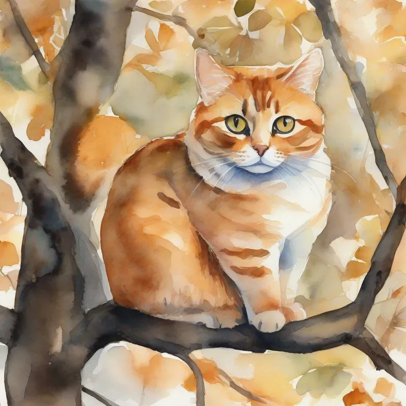 a light fat orange cat with big eyes sitting up on a tree and looking down