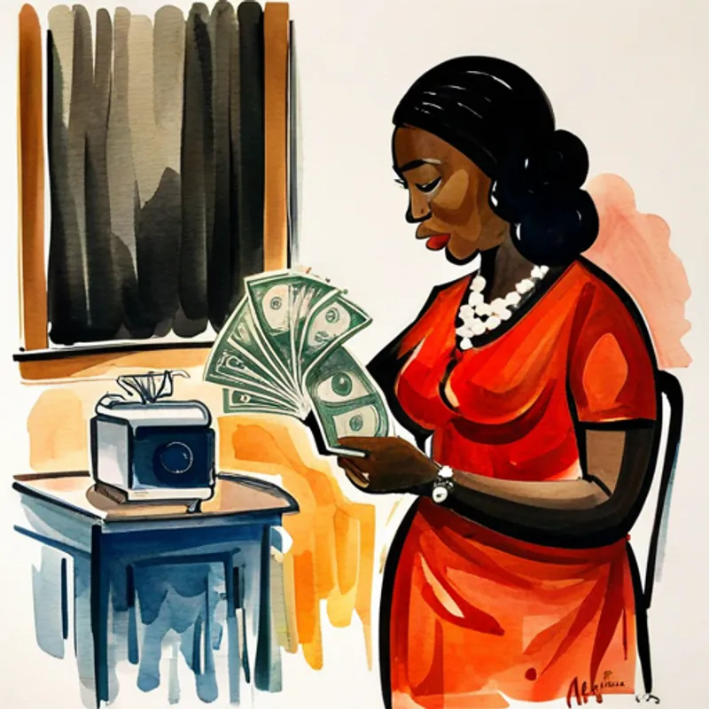 black mother in a brown dress counting dollar bills