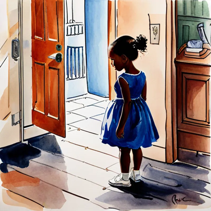 a 5-year old black little girl named cleo standing at the door of her mother's study