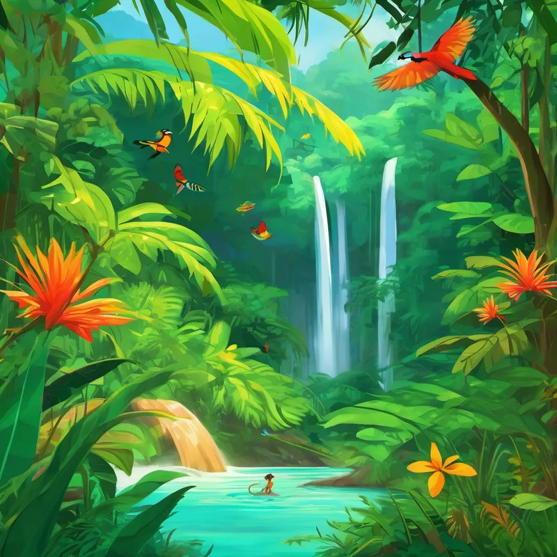 The next adventure led them to the tropical rainforests. Andy felt the hot and humid air as they entered the vibrant greenery. Flora showed them colorful birds and explained how rainforests are like Earth's lungs, producing oxygen and fighting climate change. Sandy taught them about the diverse plant and animal life, from monkeys swinging on vines to dazzling butterflies. They marveled at the breathtaking waterfalls and listened to the symphony of buzzing insects and chirping frogs. Andy felt like he was in a magical world!