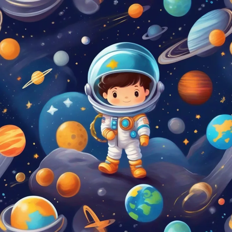 Little explorer with space suit and space-themed accessories with his space decor and books