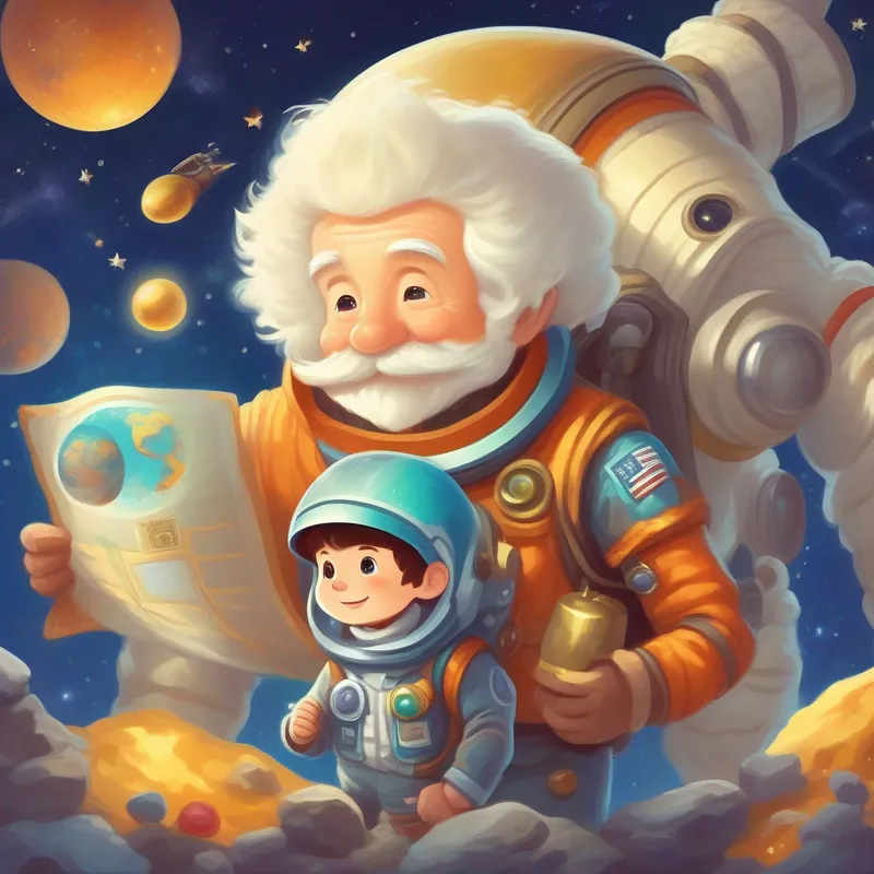 Little explorer with space suit and space-themed accessories and his grandfather with the treasure map