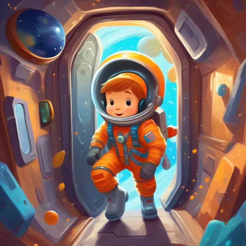 Little explorer with space suit and space-themed accessories in his space suit entering the cardboard spaceship