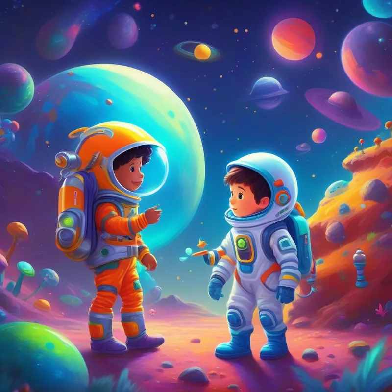 Little explorer with space suit and space-themed accessories exploring space with colorful aliens and talking robots