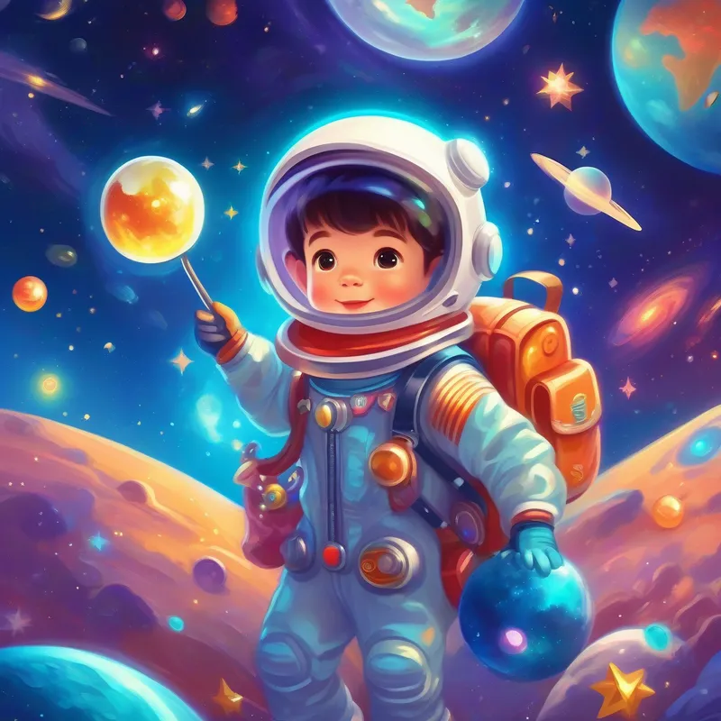 Little explorer with space suit and space-themed accessories with the magical gem and stars illuminating the planet
