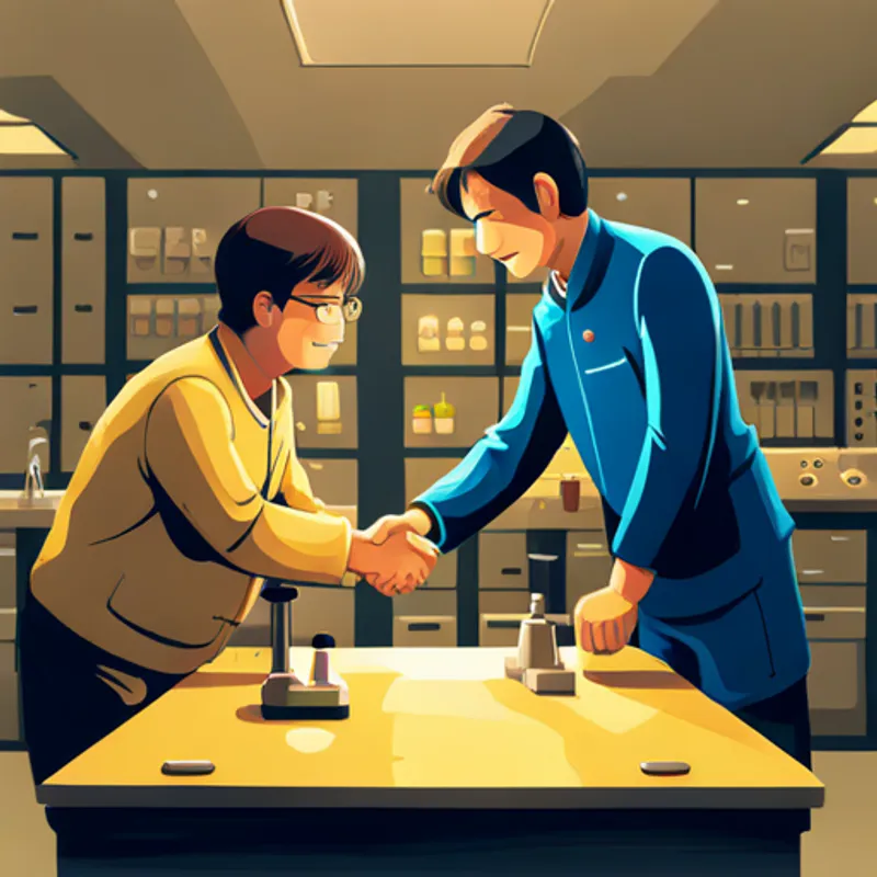 Alex and Hertz shaking hands inside a laboratory