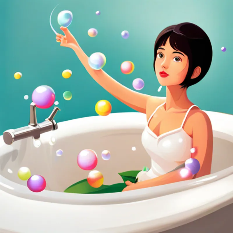 Lily in the bathtub playing with bubbles and toys