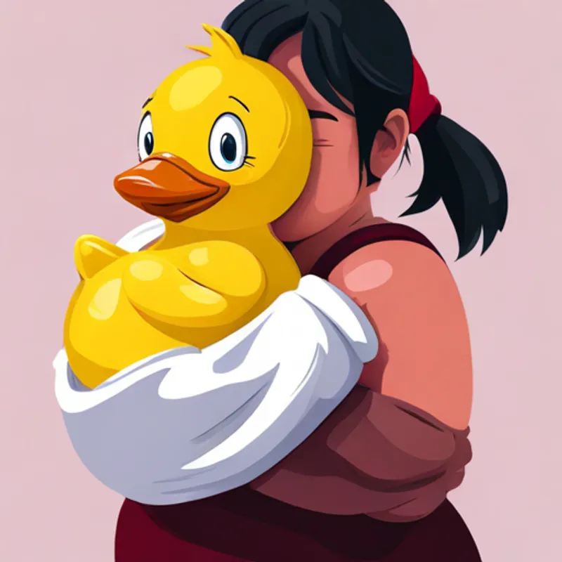 Lily wrapped in a towel, hugging her rubber duck