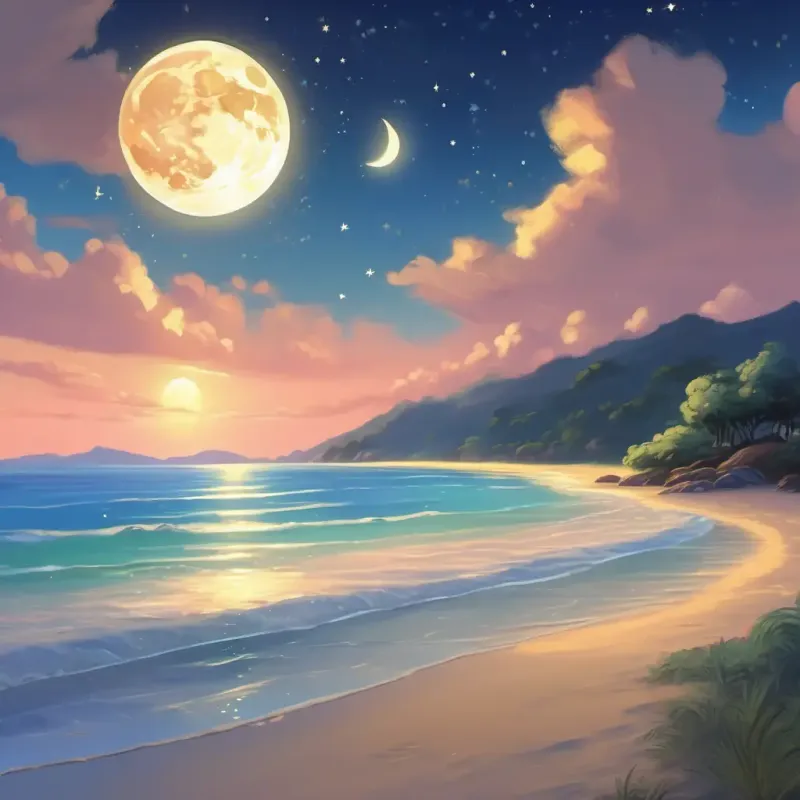 A calm beach with a peaceful ocean, a bright moon, and twinkling stars.
