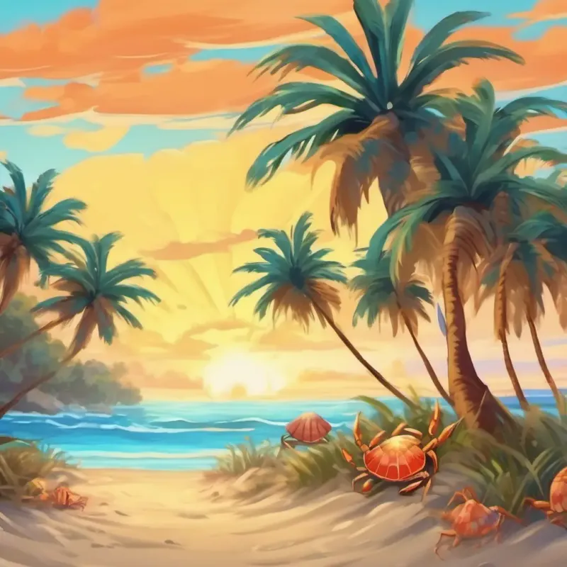 Palm trees swaying in the breeze, crabs scuttling, and seashells on the sand.