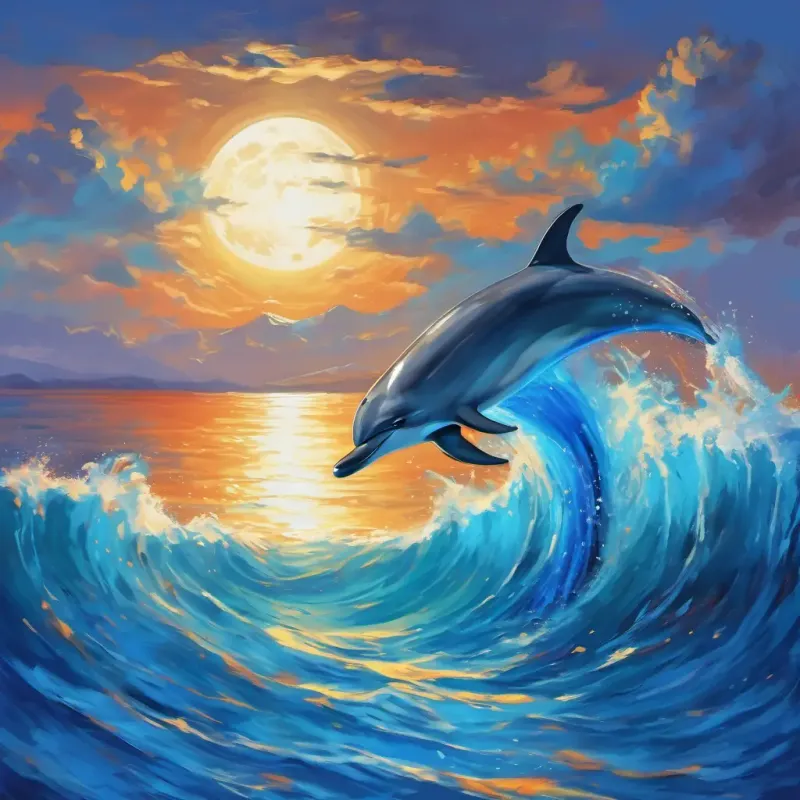 Giant, blue, and majestic, with playful eyes splashing playfully, dolphins leaping and dancing in the moonlit sea.