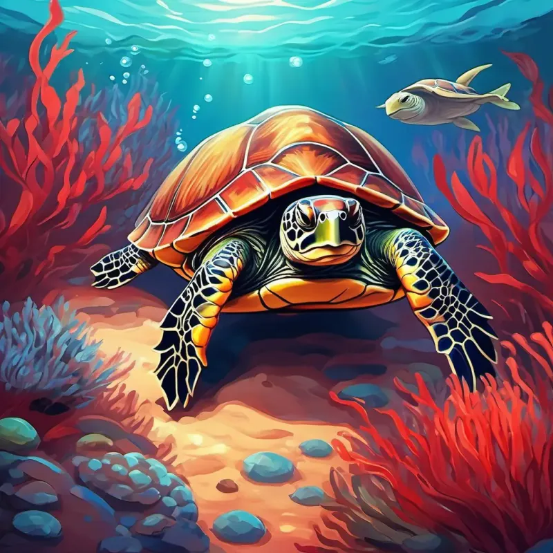 Red, with large claws, scuttling along the ocean floor clicking and clattering, turtles finding cozy spots under the ocean's light.