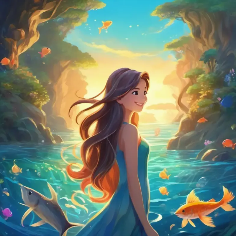 Beautiful, with long flowing hair, shimmering tails, and friendly smiles waving, sparkling tails, and all the creatures resting under the ocean's peaceful glow.