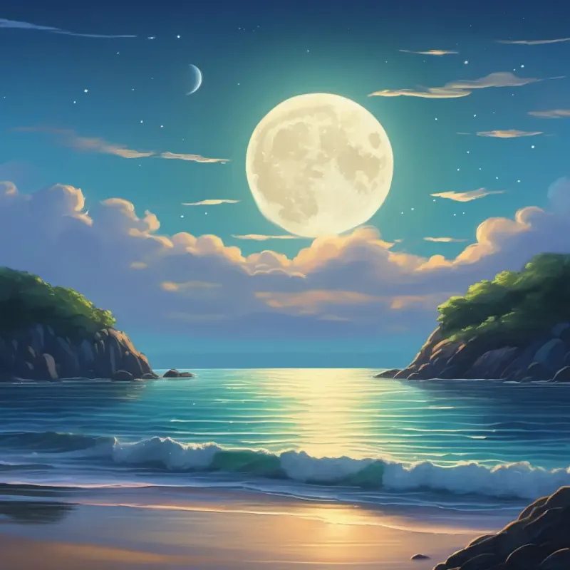 A peaceful, calm ocean, with the moon shining brightly overhead.