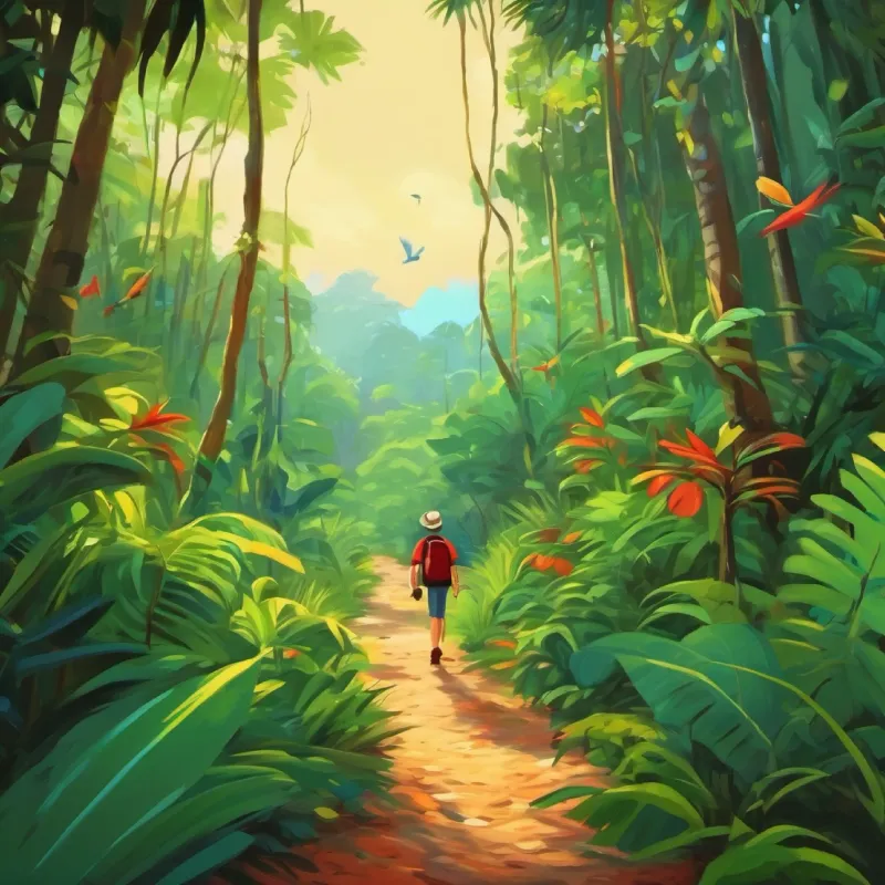 Tim walking in the jungle, bird chirping.