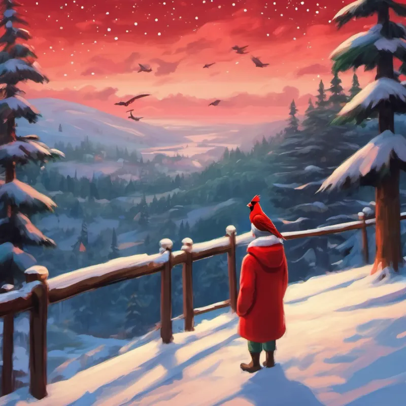 Tim watching a red bird fly past him.