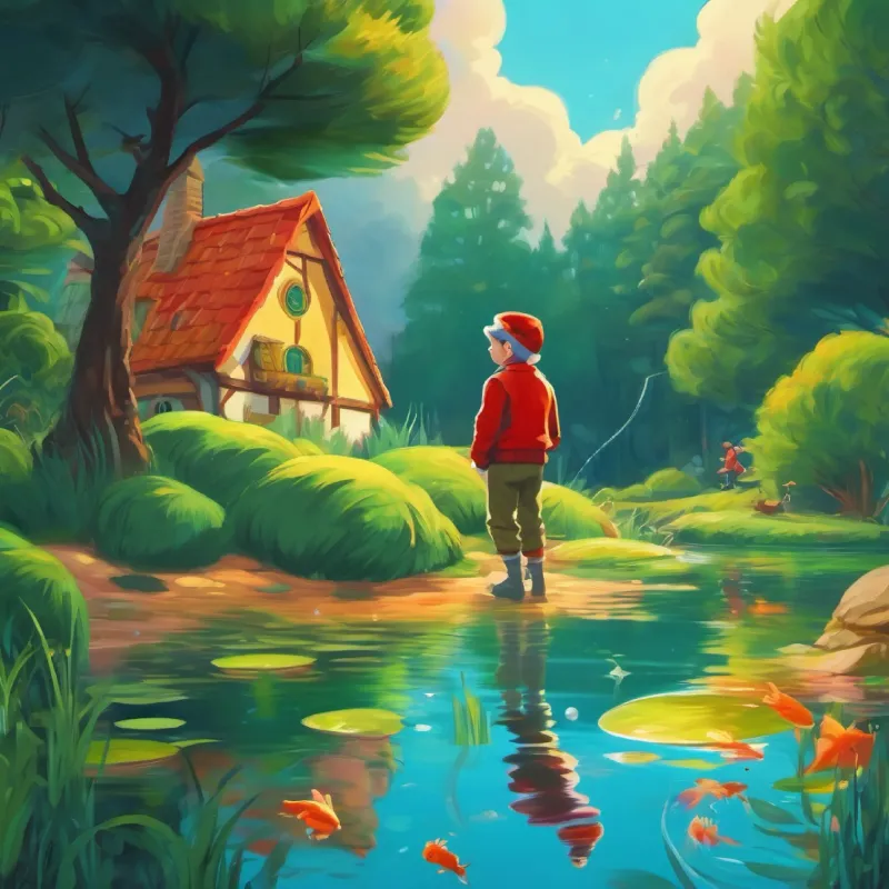 Tim discovering a pond, fish swimming.