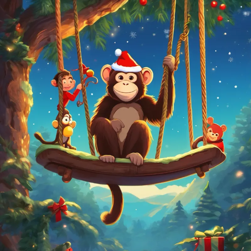 Tim on the swing with a monkey sitting beside him.