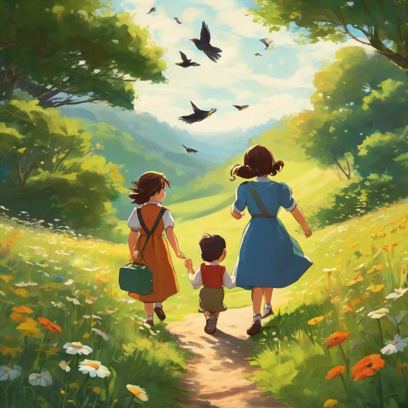 As they strolled through the beautiful meadows, Elsie started with a joke, 'Why don't scientists ever trust atoms?' Charlie, chuckling, replied, 'I don't know, why?' Elsie grinned and said, 'Because they make up everything!' They both burst into laughter, causing the birds to fly away in surprise.