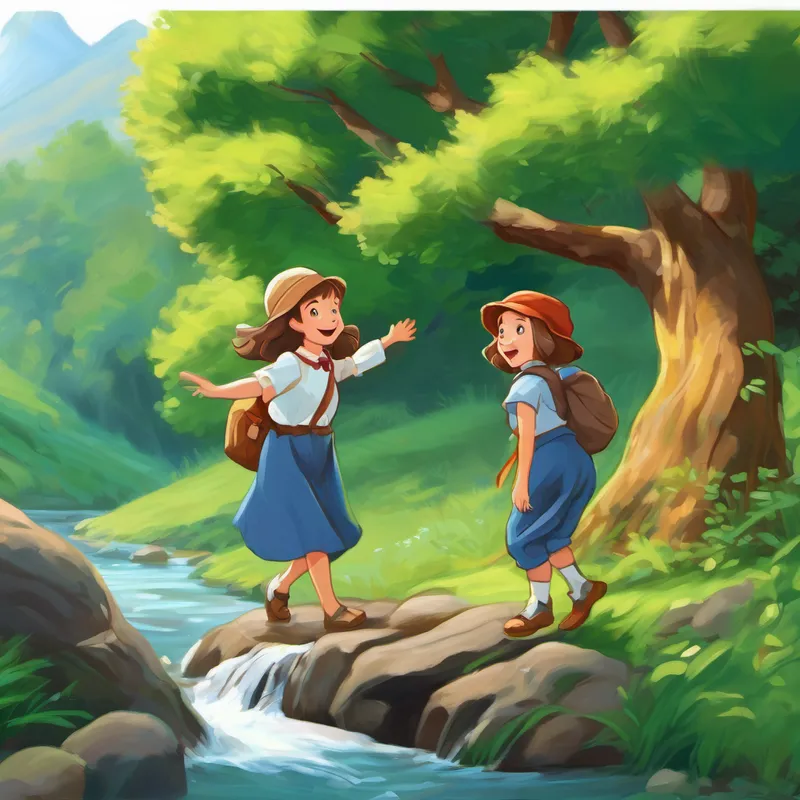 After walking for a while, they reached a magical river. Elsie leaned against a rock and whispered, 'How do you catch a squirrel?' Charlie, with a mischievous smile, replied, 'Climb a tree and act like a nut!' Elsie burst into laughter, nearly falling into the river. Charlie held her hand and pulled her back, both still chuckling.