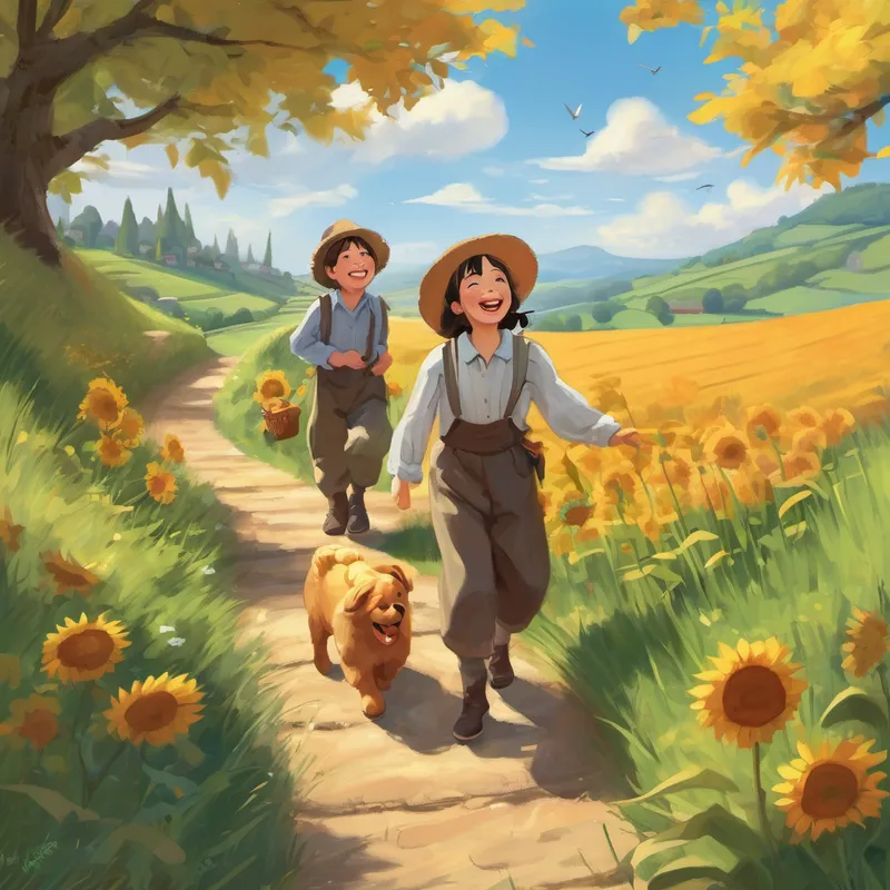 The two friends continued their journey, crossing bridges and climbing hills, with laughter as their constant companion. Elsie couldn't resist sharing another joke, 'Why did the scarecrow win an award?' Charlie thought for a moment and asked, 'Tell me, Elsie, why?' Elsie giggled and said, 'Because he was outstanding in his field!' They roared with laughter, rolling down the hill together.