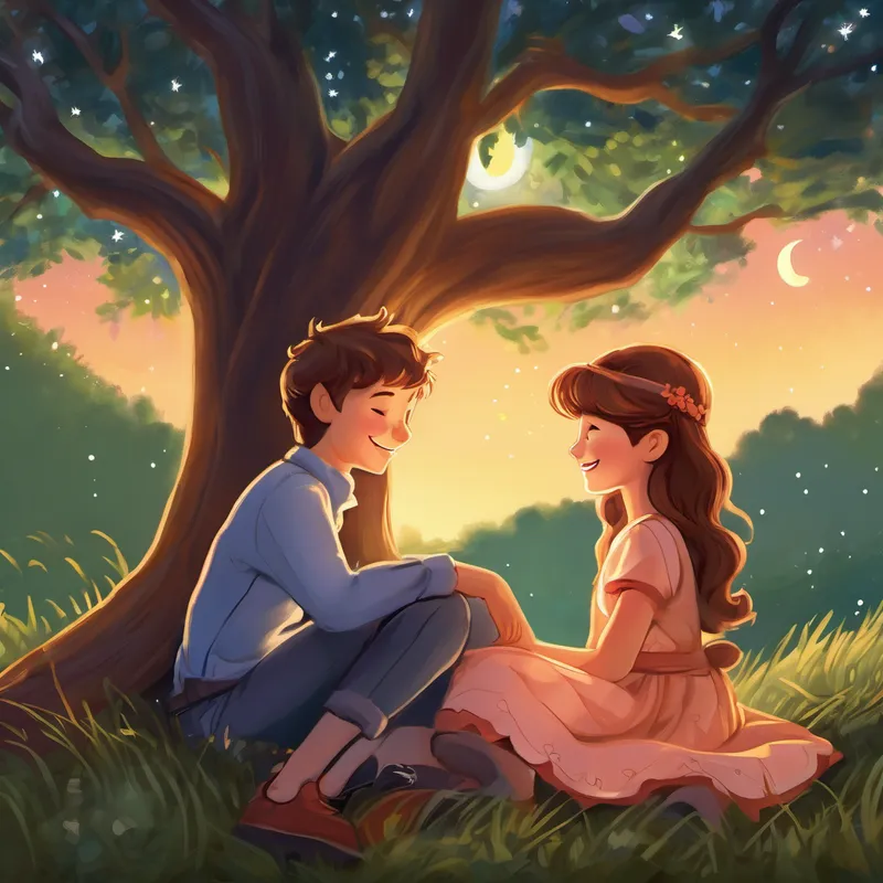 As the sun began to set, Elsie and Charlie sat under a tall oak tree. Exhausted from their laughter-filled adventure, they cuddled up and gazed at the twinkling stars. Elsie whispered, 'Charlie, our jokes made today extraordinary. Friends who laugh together, stay together.' Charlie sighed happily, 'You're right, Elsie. Our giggles have created unforgettable memories.' With that, they fell asleep under the starry night sky, still smiling from ear to ear.