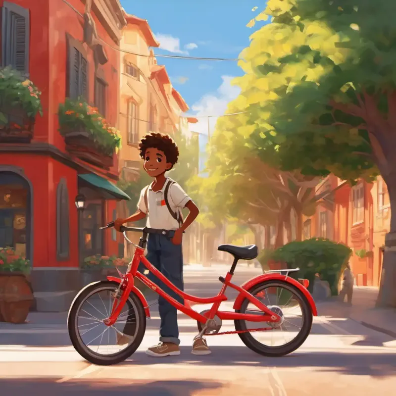 Young black boy, bright smile, determined, brown eyes, sunny standing next to his red bike, smiling, sunny street setting