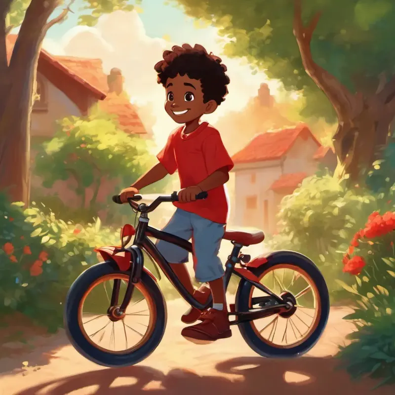 Young black boy, bright smile, determined, brown eyes, sunny holding his shiny red bike, excited expression, sunny day