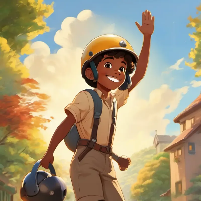 Young black boy, bright smile, determined, brown eyes, sunny putting on his helmet, family waving and smiling, supportive setting