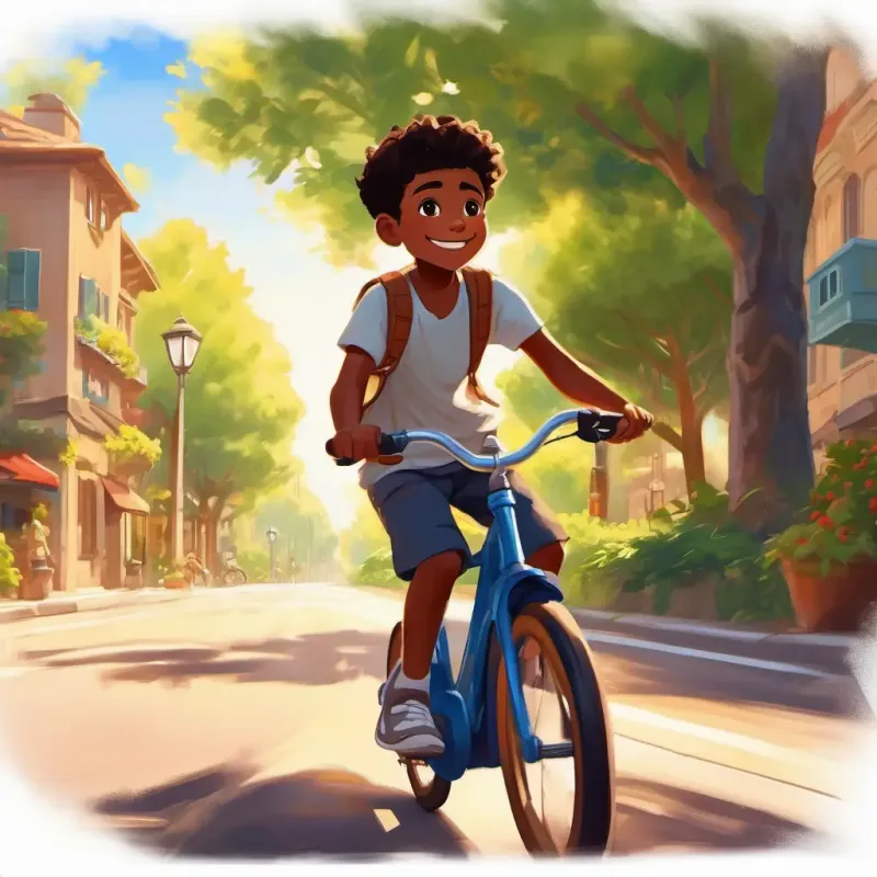 Young black boy, bright smile, determined, brown eyes, sunny pedaling, determined look, bike moving, sunny street with trees