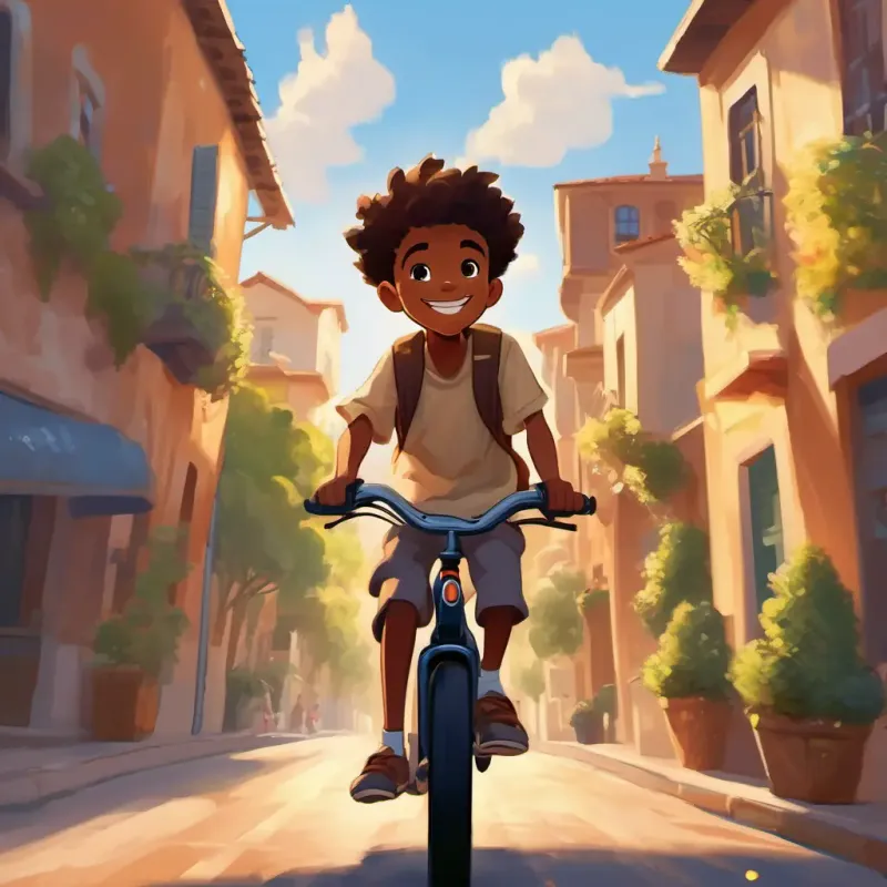 Young black boy, bright smile, determined, brown eyes, sunny riding fast, big happy smile, sunny street with houses
