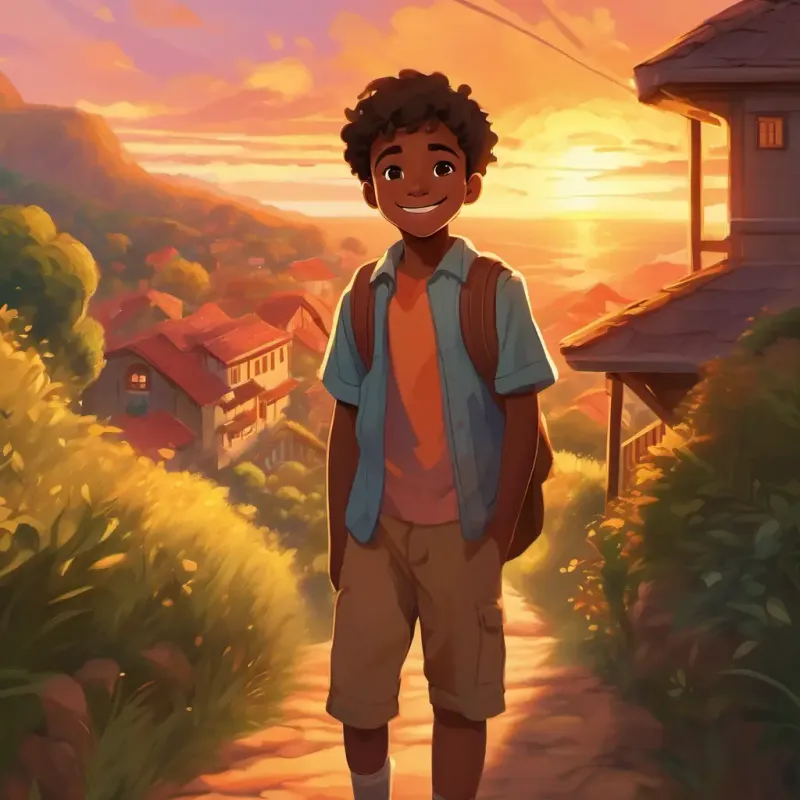 Young black boy, bright smile, determined, brown eyes, sunny arriving home, proud smile, colorful sunset setting