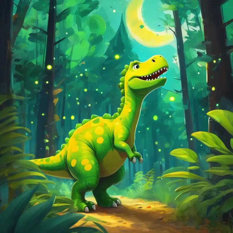Green dinosaur with yellow spots, curious and adventurous, a green dinosaur with yellow spots, discovers a hidden spaceship in the forest.