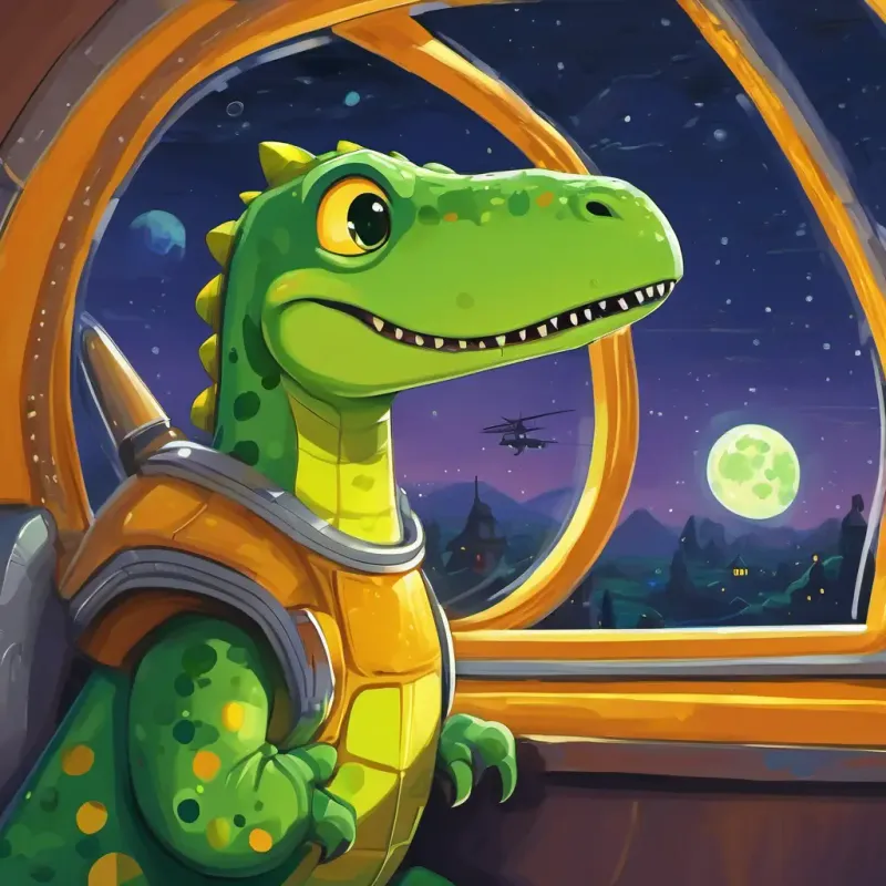 Green dinosaur with yellow spots, curious and adventurous inside the spaceship, looking out of the window at the shrinking Earth.