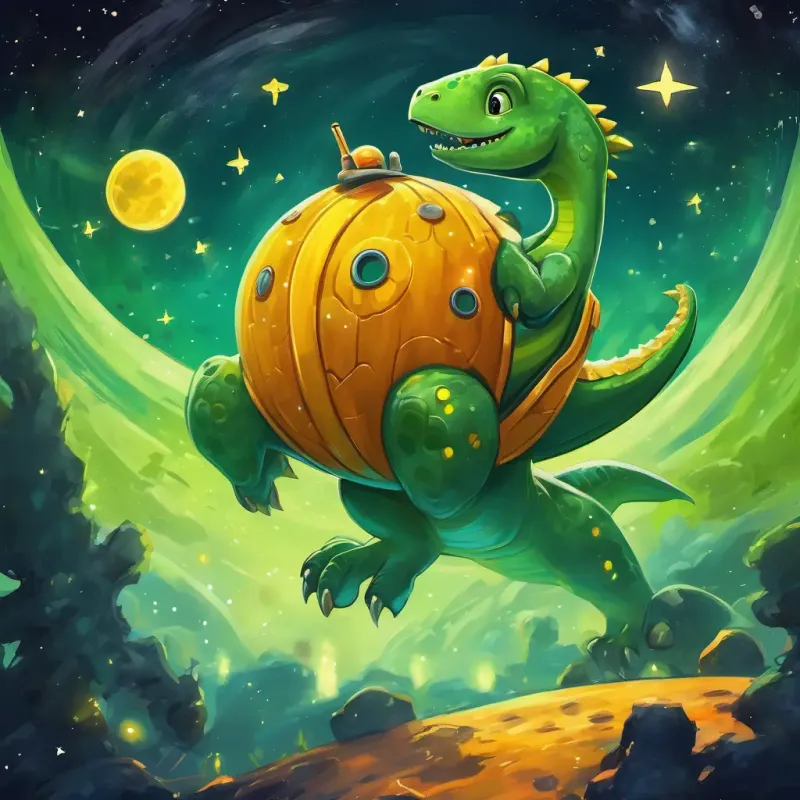 Green dinosaur with yellow spots, curious and adventurous in the spaceship, surrounded by stars and planets, heading towards a distressed planet.