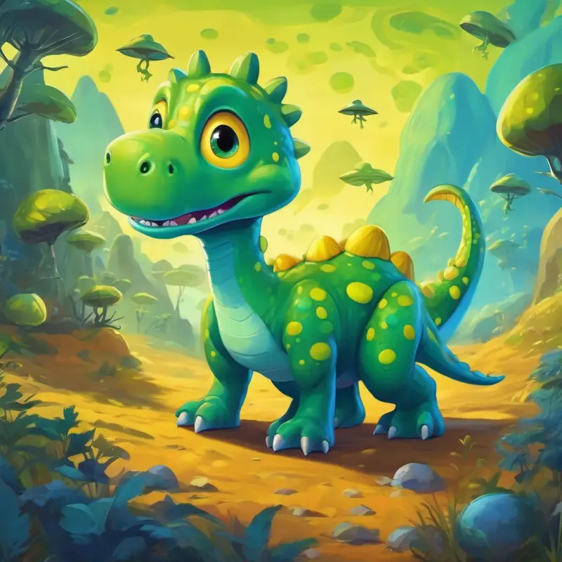 Green dinosaur with yellow spots, curious and adventurous on the alien planet, surrounded by small blue aliens with round eyes.