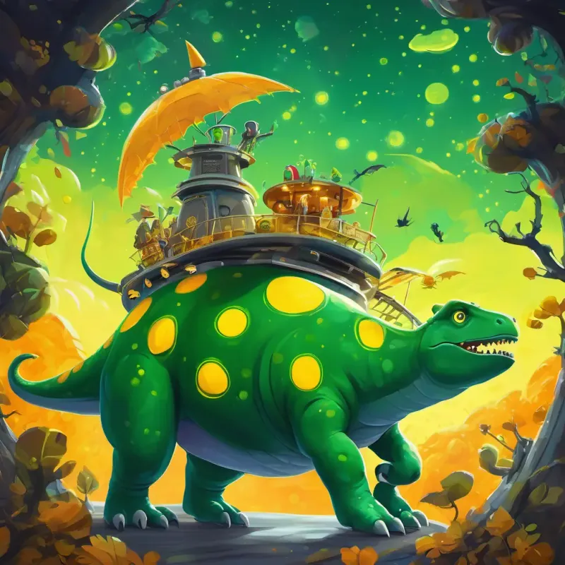 Green dinosaur with yellow spots, curious and adventurous and the aliens repairing the spaceship, celebrating their success.