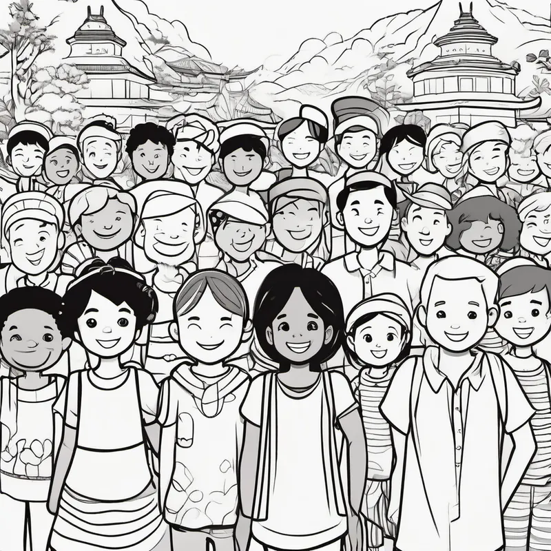 Colorful clothes, different skin colors, happy faces from different countries holding hands and smiling