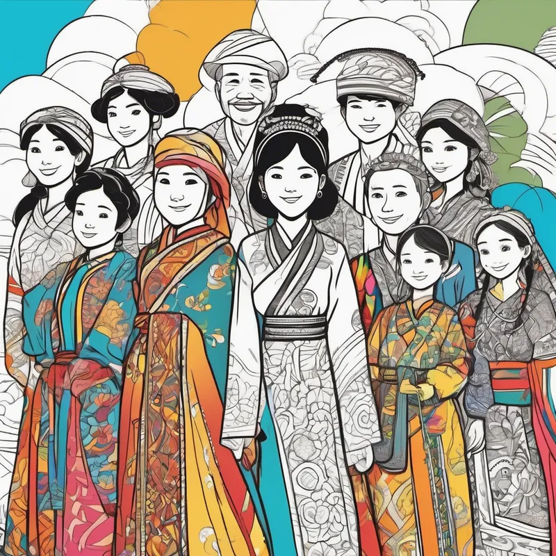 Colorful clothes, different skin colors, happy faces wearing colorful and traditional clothes from their country