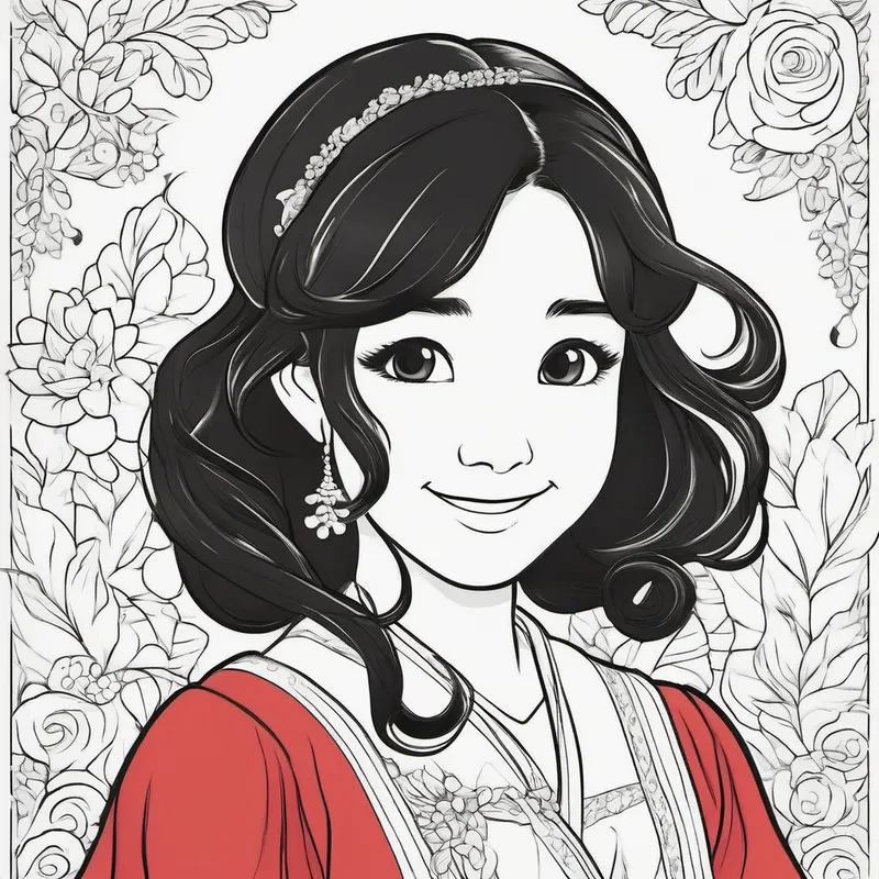 Black hair, red dress, happy face had long black hair and a smiling face